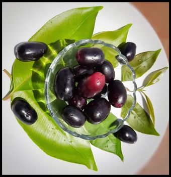 Black plum in bowl decorated beautifully with its leaves contains vitamin C and iron hemoglobin heart healthy and treats diabetes summer season fruit