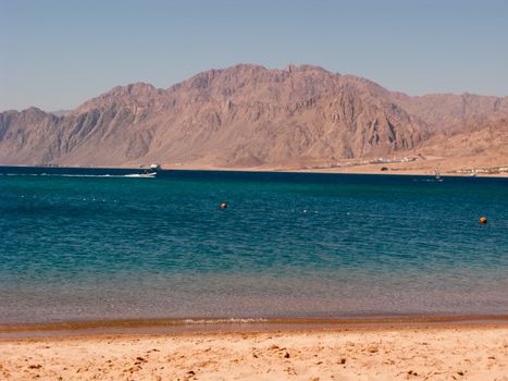 View to Dahab gulf and mountains from the hotel beach