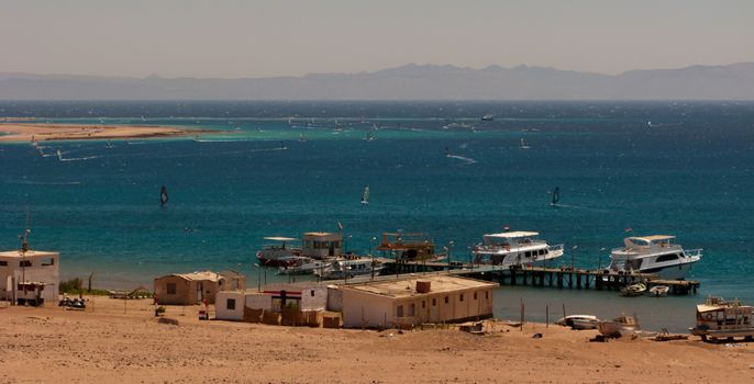 General view of the Dahab's gulf with windsurfers