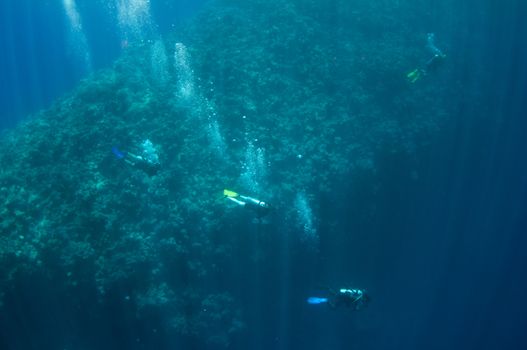 A group of underwater divers is waiting for decompression and moving along the reef in the Red Sea, Egypt. There are a lot of bubbles and blue water background.