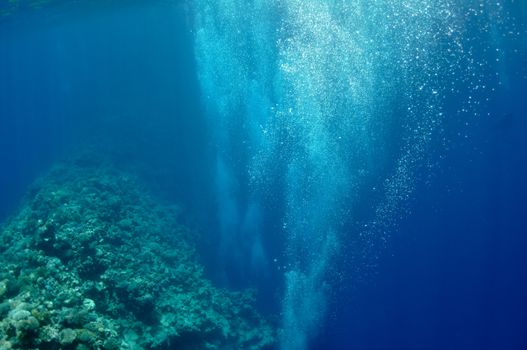 The picture shows underwater bubbles which raise from the depth of blue sea