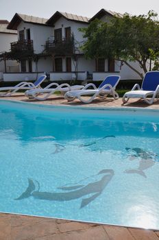 Relaxing picture of the cold hotel swimming pool with clear water and some chairs, trees and lounges around