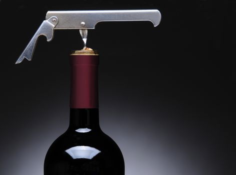 Closeup of a metal waiters corkscrew in a wine bottle. Horizontal format over a light to dark gray background.