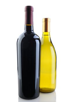 Close up of a cabernet sauvignon and chardonnay wine bottles on a white background with reflection. Chardonnay bottle is tucked behind the Cabernet bottle. Vertical Format.