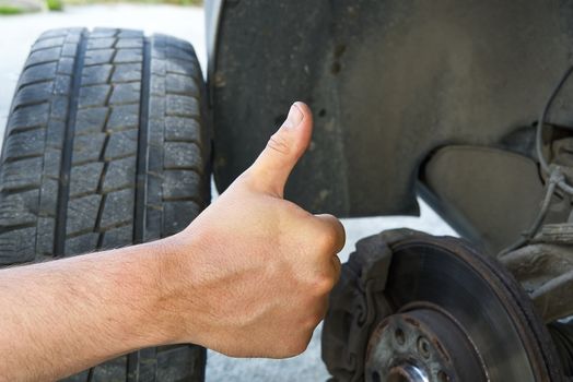 dismantling, mounting a car wheel to replace tires or replace brakes on an old car. Self-changing tires and wheel diagnostics