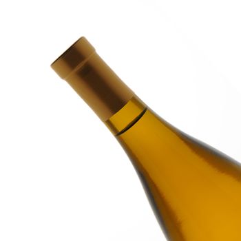 Closeup of a chardonnay wine bottle over a white background. Bottle is at a 45 degree angle only showing the top half of the container.