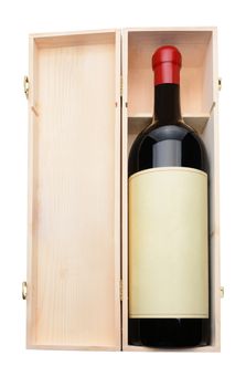 Wine Bottle:  A generic 3 liter bottle of wine inside wood box on white.