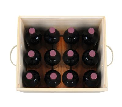 A wooden wine case with twelve bottles. High angle shot looking down into the wood crate. The box has rope handles and is isolated on white.