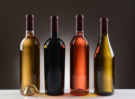 Four Wine Bottles with no labels on a light to dark gray background. Four different wines including: Cabernet Sauvignon, Chardonnay, Sauvignon Blanc, and White Zinfandel.