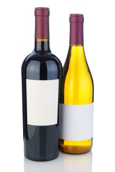 A Cabernet Sauvignon and Chardonnay bottle on white with reflection. Bottles have blank labels.