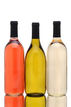 A group of three different wine bottles with reflection over a white background. White Zinfandel, Chardonnay and Pinot Gris bottles without labels are represented.
