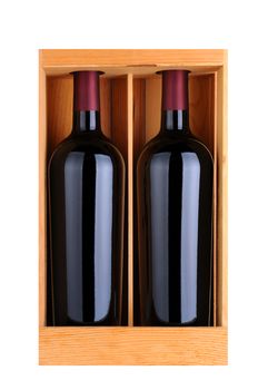 Two red wine bottles in a wooden gift case, isolated on white, Vertical Format.