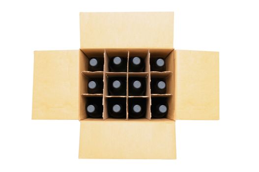 Overhead view of a twelve bottle case of red wine over a white background. Box is open with the flaps extended.