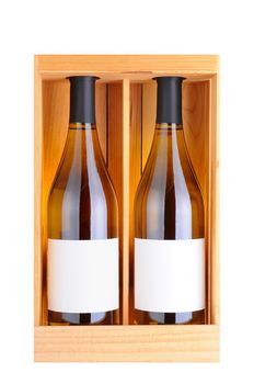 Two white wine bottles in a wooden gift case, isolated on white. Vertical Format.