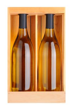 Two Chardonnay bottles without labels in a wood gift box. Vertical format isolated on white.