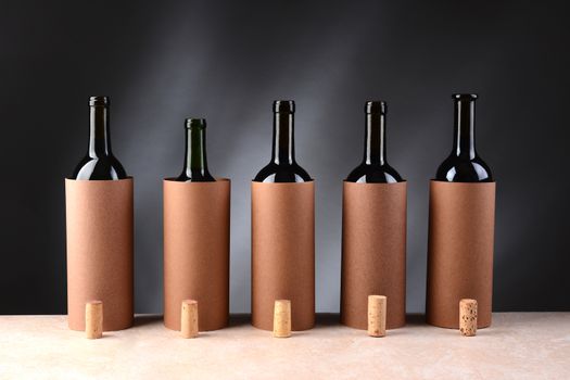 Five different wine bottles set up for a blind wine tasting. The bottles have the corks removed and setting if front of the disguised bottles. Horizontal format.