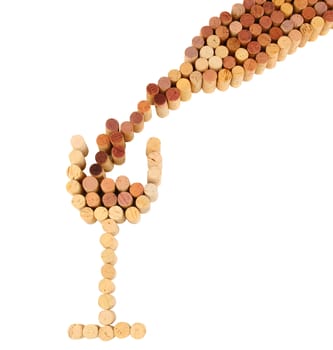Wine corks shaped into a wineglass and bottle with wine pouring into the glass. Square format on a white background.