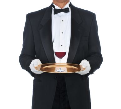 Waiter Wearing Tuxedo Holding Tray with a glass of red wine. Square Format over a white background.