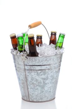 Assorted beer bottles in a bucket of ice isolated on a white background. Vertical format with reflection.