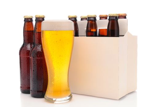 Six pack of beer and frothy glass. Horizontal format isolated on white with reflection.