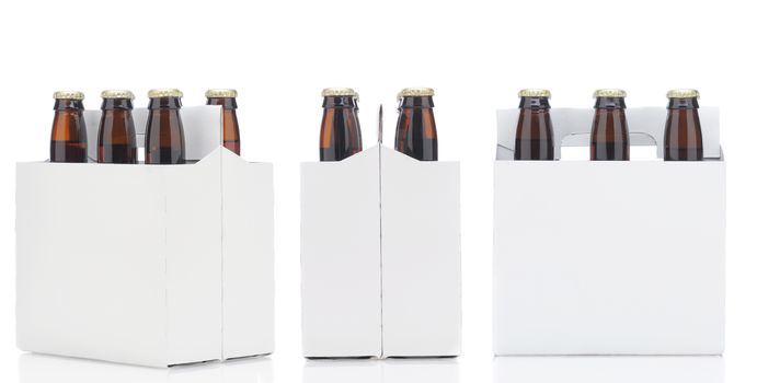 Three views of a Six Pack of brown Beer Bottles isolated over white with reflection.