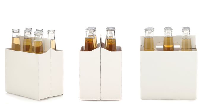 Three views of a Six Pack of Clear Beer Bottles isolated over white with reflection.