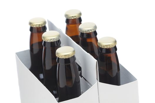 Close up of Six Pack of brown Beer Bottles in Cardboard Carrier isolated on white horizontal shallow depth of field