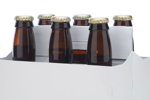Close up of a Six pack of Brown beer bottles in blank carrier isolated over a white background
