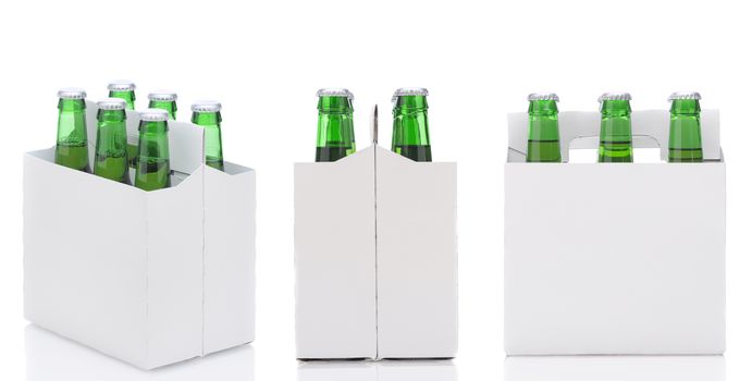 Three views of a Six Pack of green Beer Bottles isolated over white with reflection.