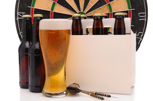 Six pack of beer and frothy glass with a Dart Board and Darts. Horizontal format isolated on white with reflection.