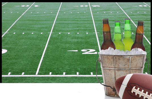 A bucket of beer and an American Football in front of a big screen television with field. Great for Super Bowl themed projects.