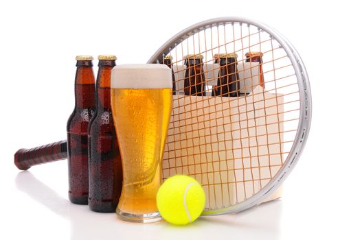 Six pack of beer and frothy glass with a tennis racket and ball in front. Horizontal format isolated on white with reflection.