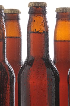 Close up of brown beer bottles with condensation. Vertical format over a white background with selective focus.