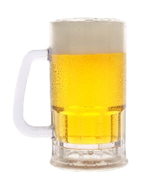 A cold frosty mug of beer on a white background. 