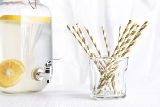 Summer Lemonade Still Life: A lemonade pitcher with a glass of drinking straws in front of a kitchen window. Focus is on the straws, horizontal orientation.