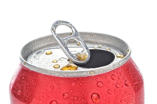 Close Up of a Red Soda Can with Pull Tab open with condensation