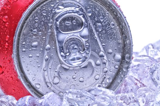 Close Up of a Red Soda Can Top with Ice and Condensation white background copyspace