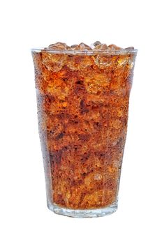 A cold frosty glass of soda filled with ice isolated on a white background.