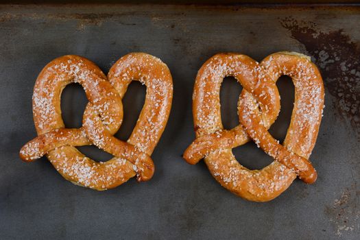 Two large Sourdough pretzels on a metal baking sheet. The salted snacks are side by side in horizontal format.