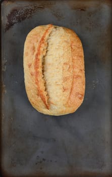 High angle shot of a fresh baked loaf of bread on a baking sheet. Vertical format with copy space.