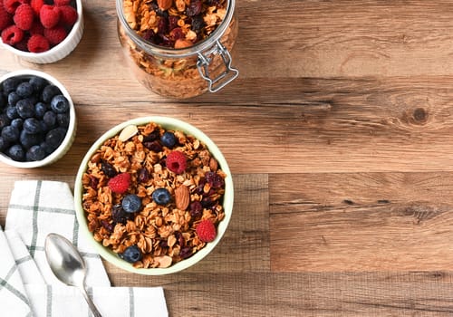 A bowl of Granola cereal with fresh fruit. Horizontal with copy space.