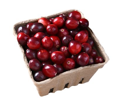 Closeup of a cardboard produce basket of fresh whole cranberries, isolated on white.