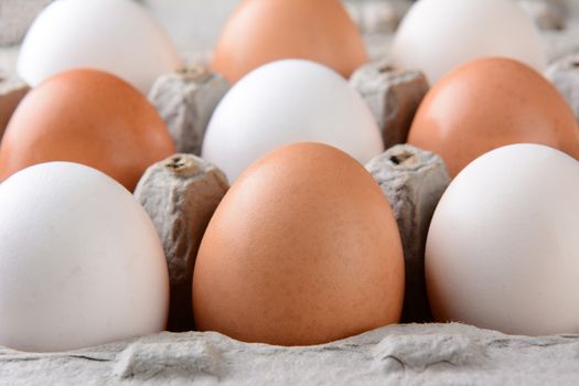 Closeup of a carton of brown and white eggs with shallow depth of field. 