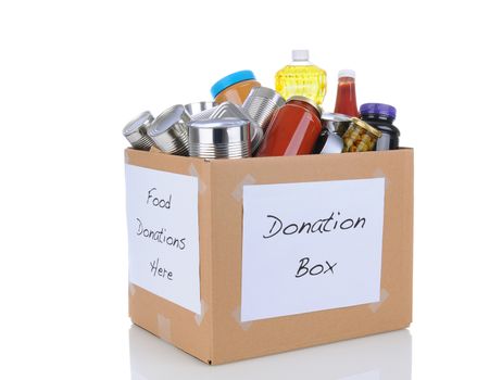 A box full of canned and packaged foodstuff for a charity food donation drive. Isolated on white with reflection. Cans have no labels. The  box is at an angle showing tow sides both with hand made signs.