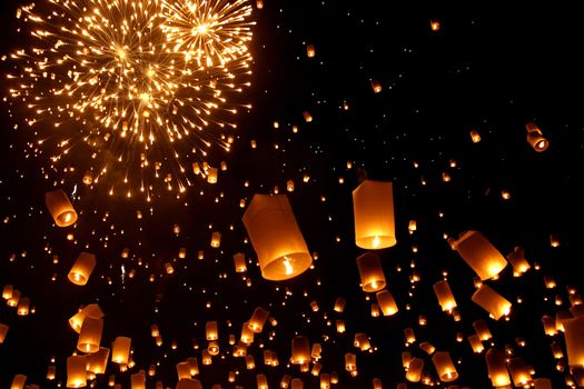 Newyear balloon traditional lantern yeepeng at night  , Chiangmai , Thailand