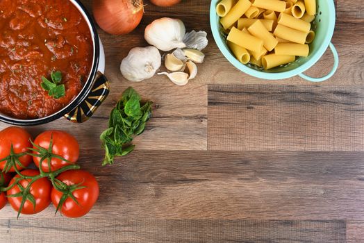 Top view of ingredients for an Italian Meal. Horizontal format with copy space.