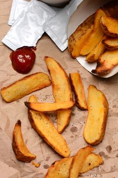 French Fries spilled onto a brown bag. Ketchup dollop and packets  with salt and pepper. Vertical format filling the frame.