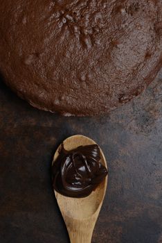 Flat lay closeup of a unfrosted chocolate cake with a wood spoon and a dollop of icing.