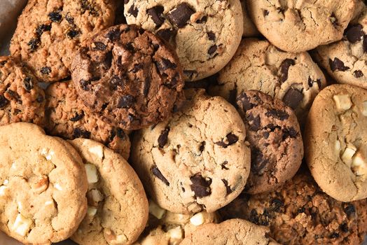 Closeup of a group of assorted cookies. Chocolate chip, oatmeal raisin, white chocolate fill the frame.