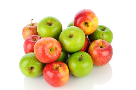 A pile of Gale and Granny Smith Apples on white with reflection. Horizontal format.